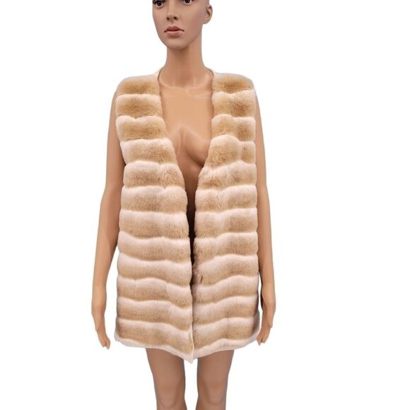 Calvin Klein Women's Cream Tan Faux Fur Longline Duster Vest Women's Large - Picture 6 of 13